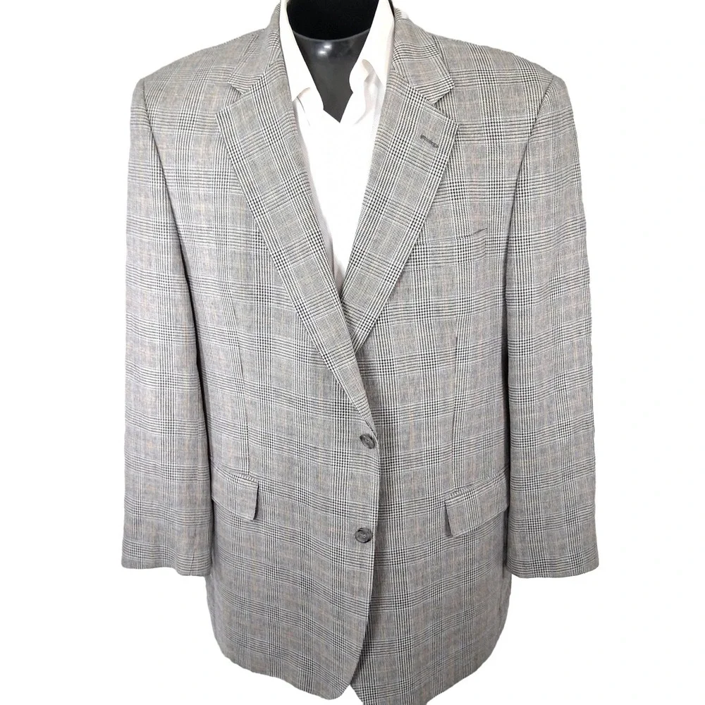 Jos A Bank Sport Coat Mens 46L Light Gray Glen Plaid Two Button Classic Blazer
